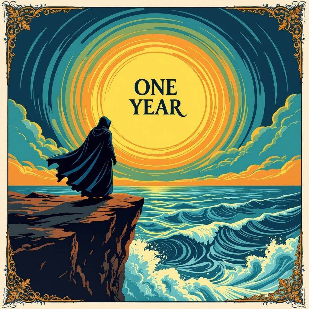 Vintage Illustration of Figure Overlooking Stormy Sea