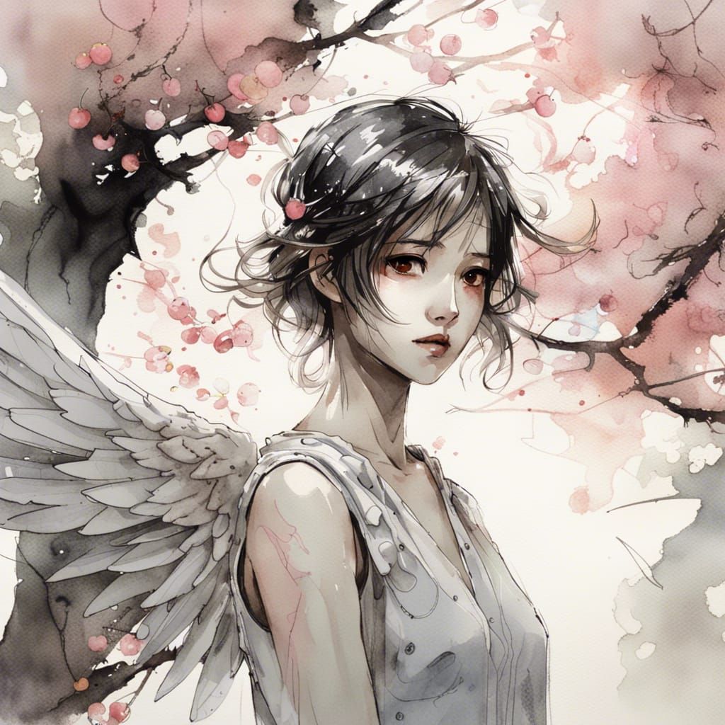 Anime Angel Portrait Under Cherry Tree