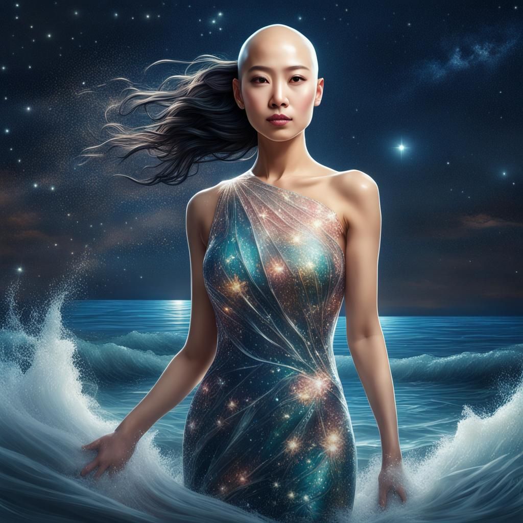 Diamond Dress Woman Emerges from Starry Ocean