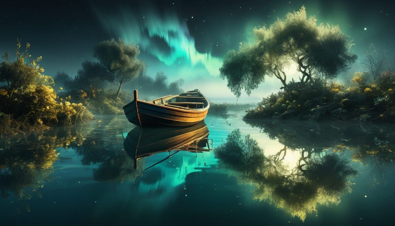 Surrealistic Garden Oasis in Moonlit Winter Landscape