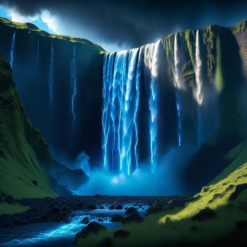 Hyperrealistic Volcano with Waterfalls and Blue Lightning