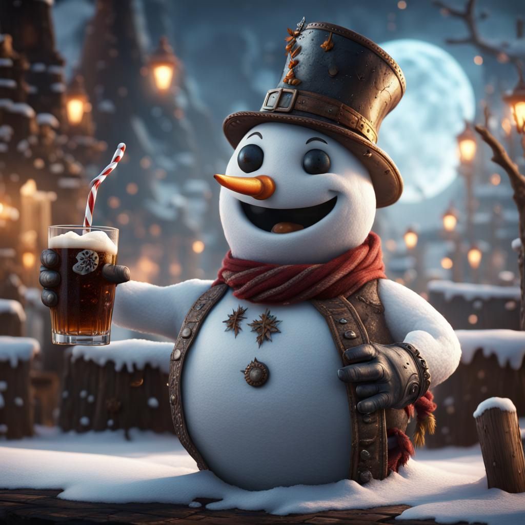 Snowman Enjoys Root Beer: Detailed Digital Painting