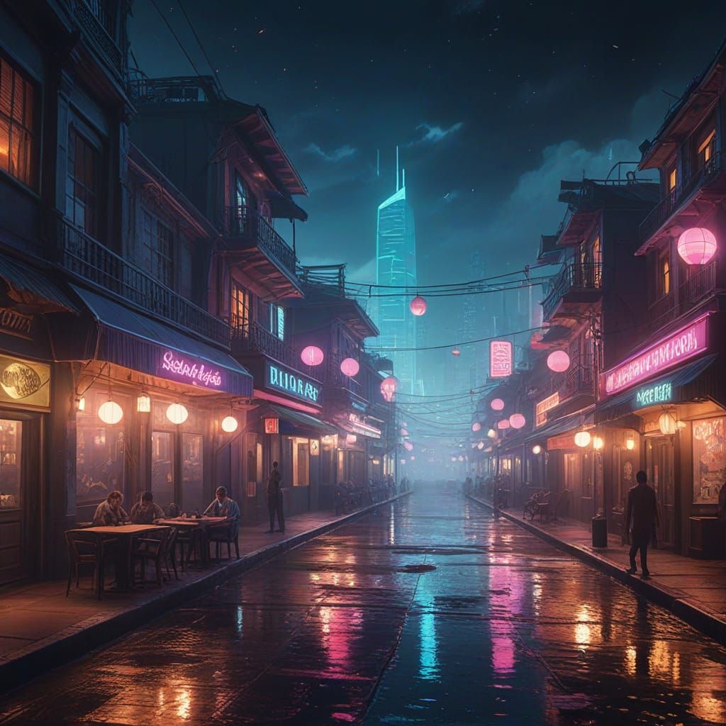 Magical Seaside Boulevard at Night in Dreamlike Fantasy Styl...