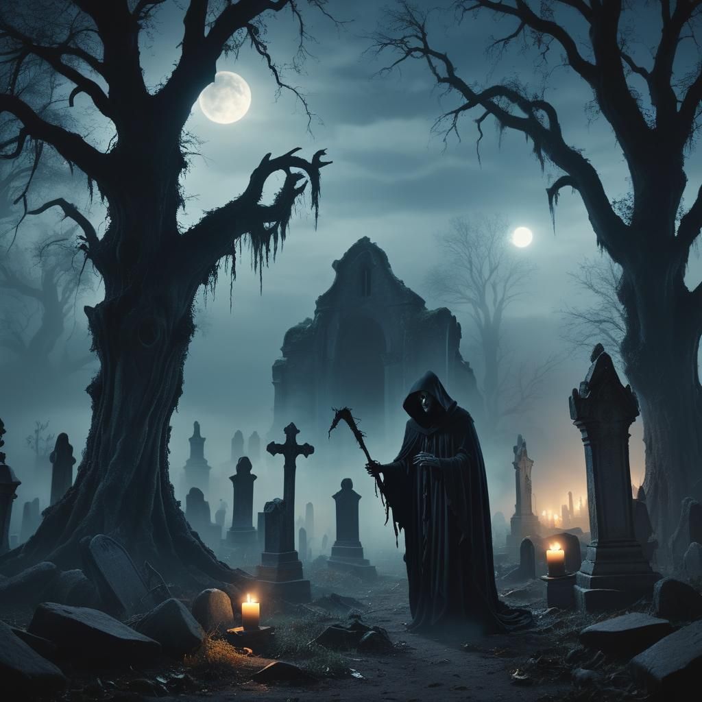 Grim Reaper in Haunted Cemetery Digital Painting
