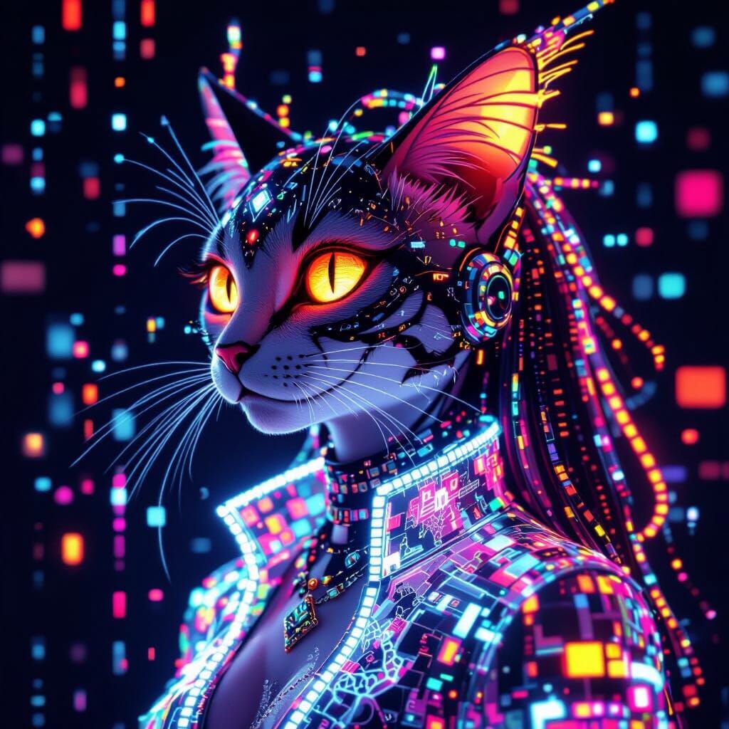 Glitchcore Cat Creature Portrait with Neon Accents