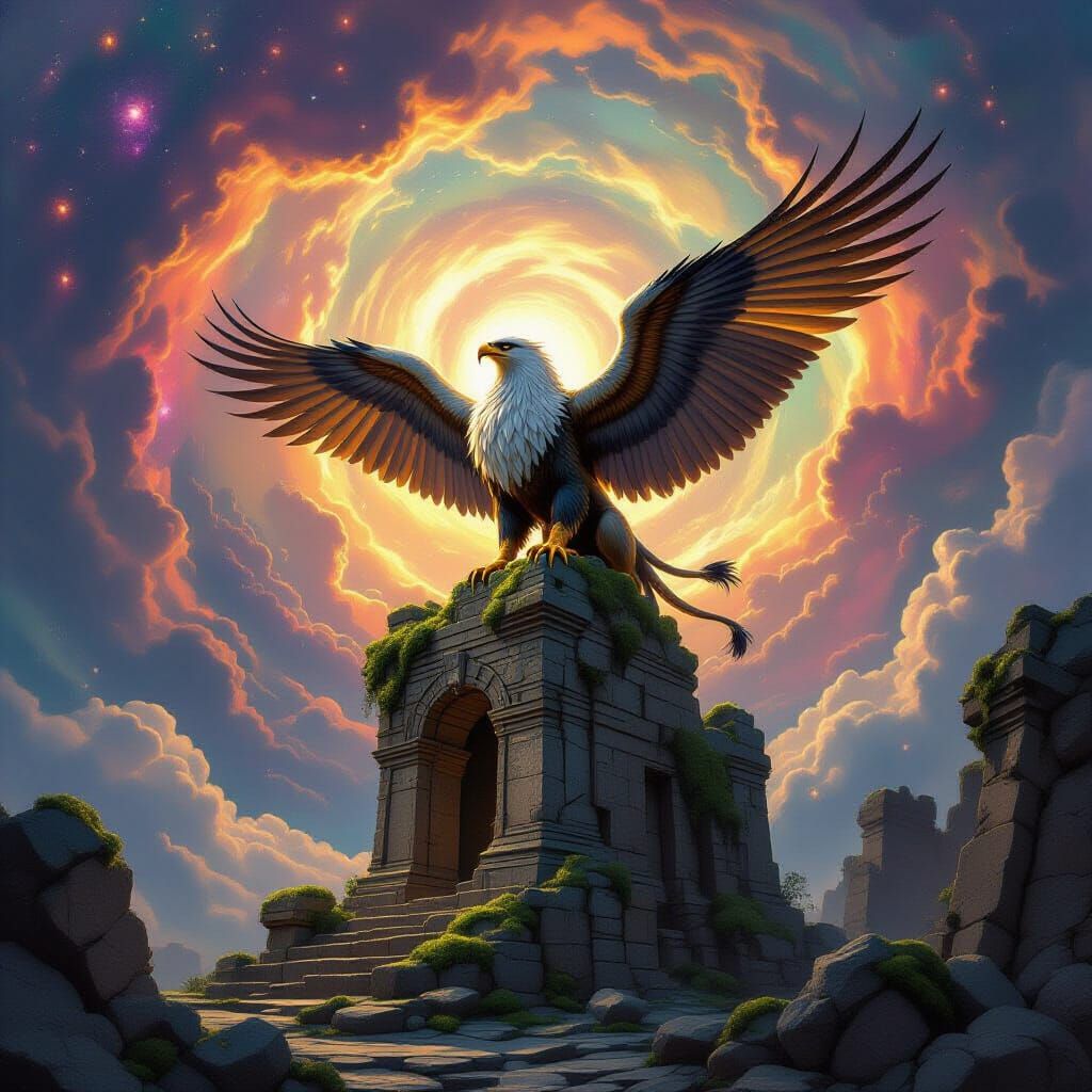 Majestic Griffin on Ancient Ruin Under Cosmic Sky