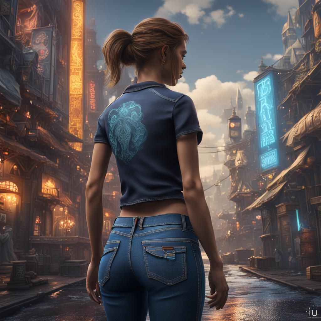 Girl in Tight Jeans Rear View, Detailed Matte Painting