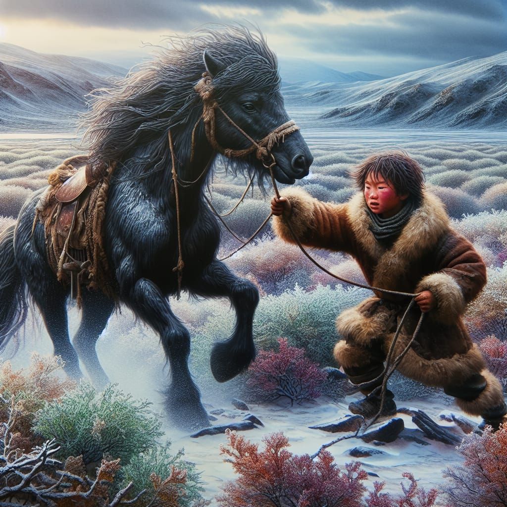 Mongolian Boy Taming a Wild Horse on the Tundra