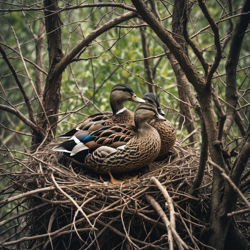 Ducks Building Nest: Cinematic Film Still