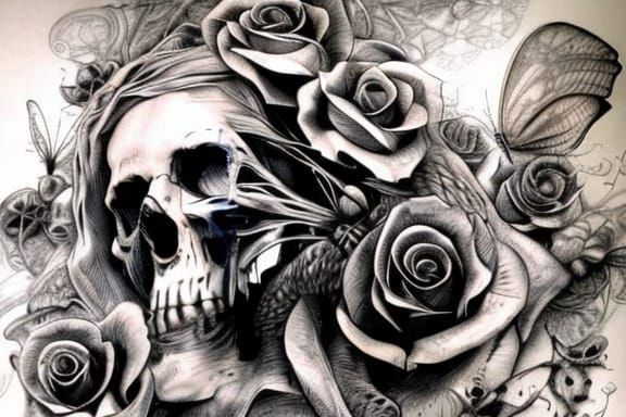 Detailed Skull Sketch with Filigree