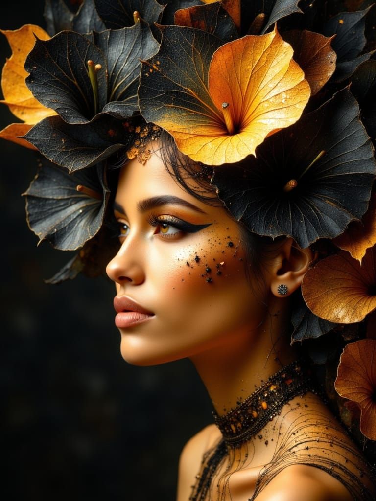 Beautiful Woman with Copper Hair and Black Lilies