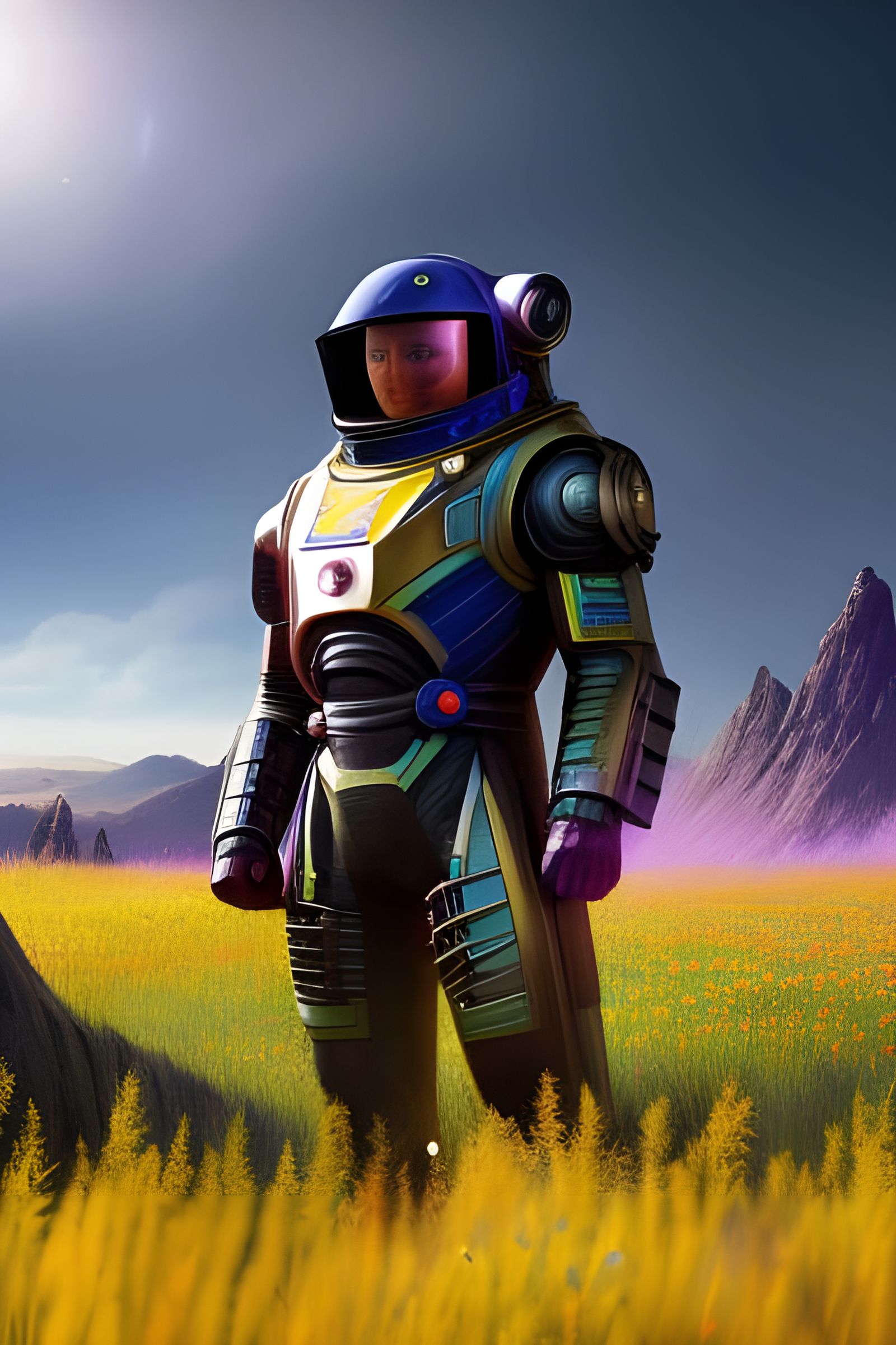 Sci-Fi Space Hero in Meadow: Photorealistic Digital Art
