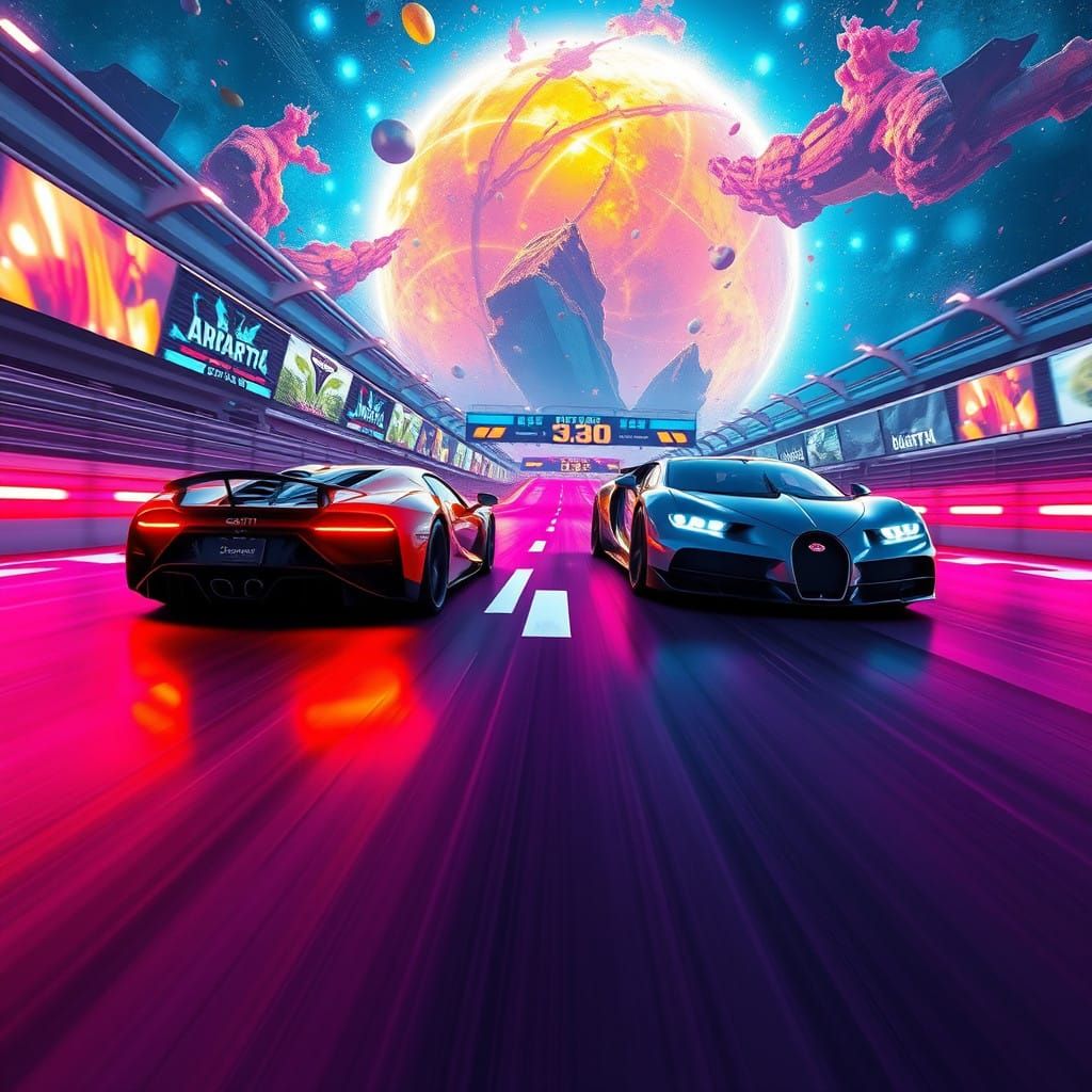 Sleek Supercars Speed Down Neon-Lit Futuristic Track