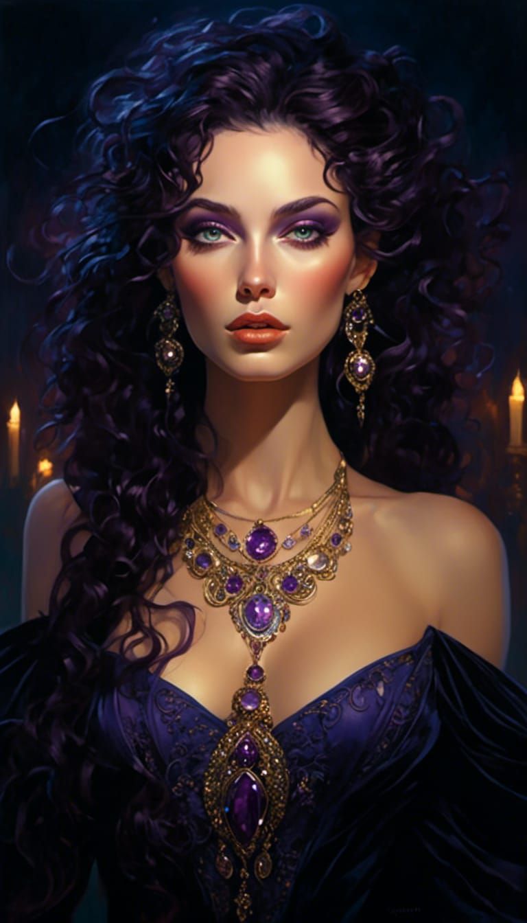 Ethereal Woman with Purple Hair, Art Nouveau Portrait