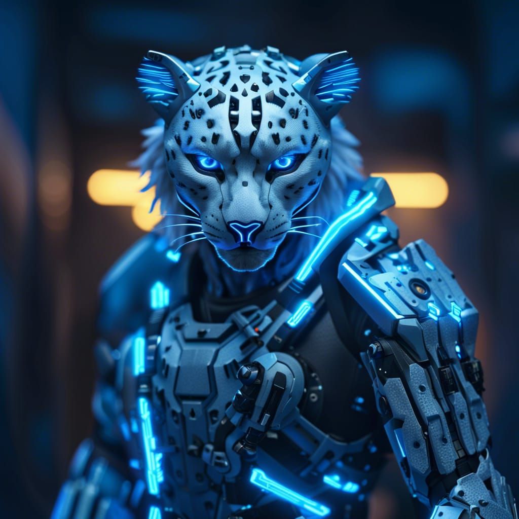 Cyber Snow Leopard Warrior in Cyberpunk Style