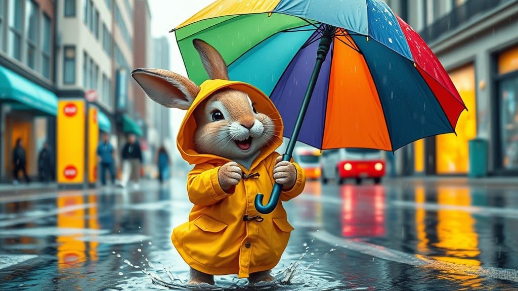 Vibrant City Rabbit in Rainy Day Delight