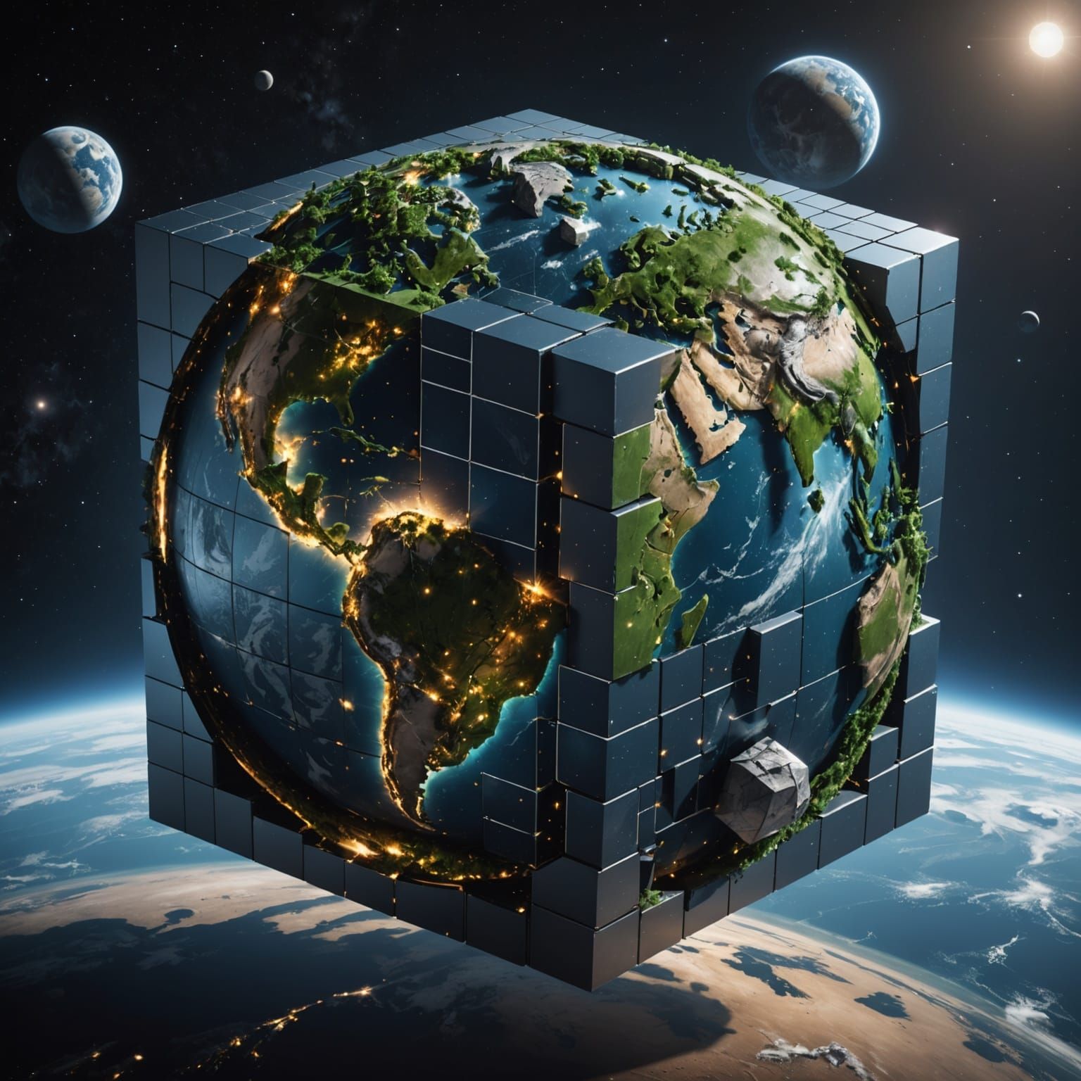 Futuristic Cube Planet Earth with Geometric Moon