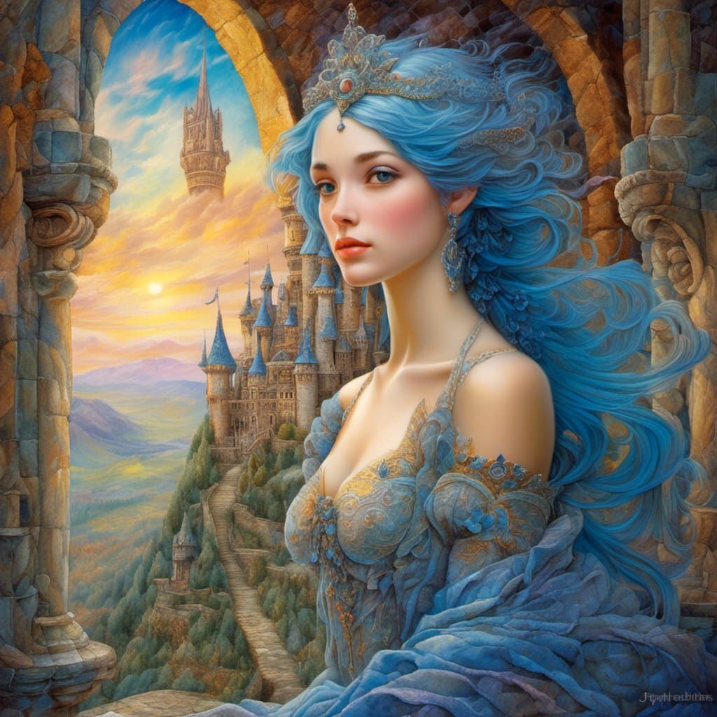 Blue-Haired Princess in Castle: Precisionist Fantasy Art