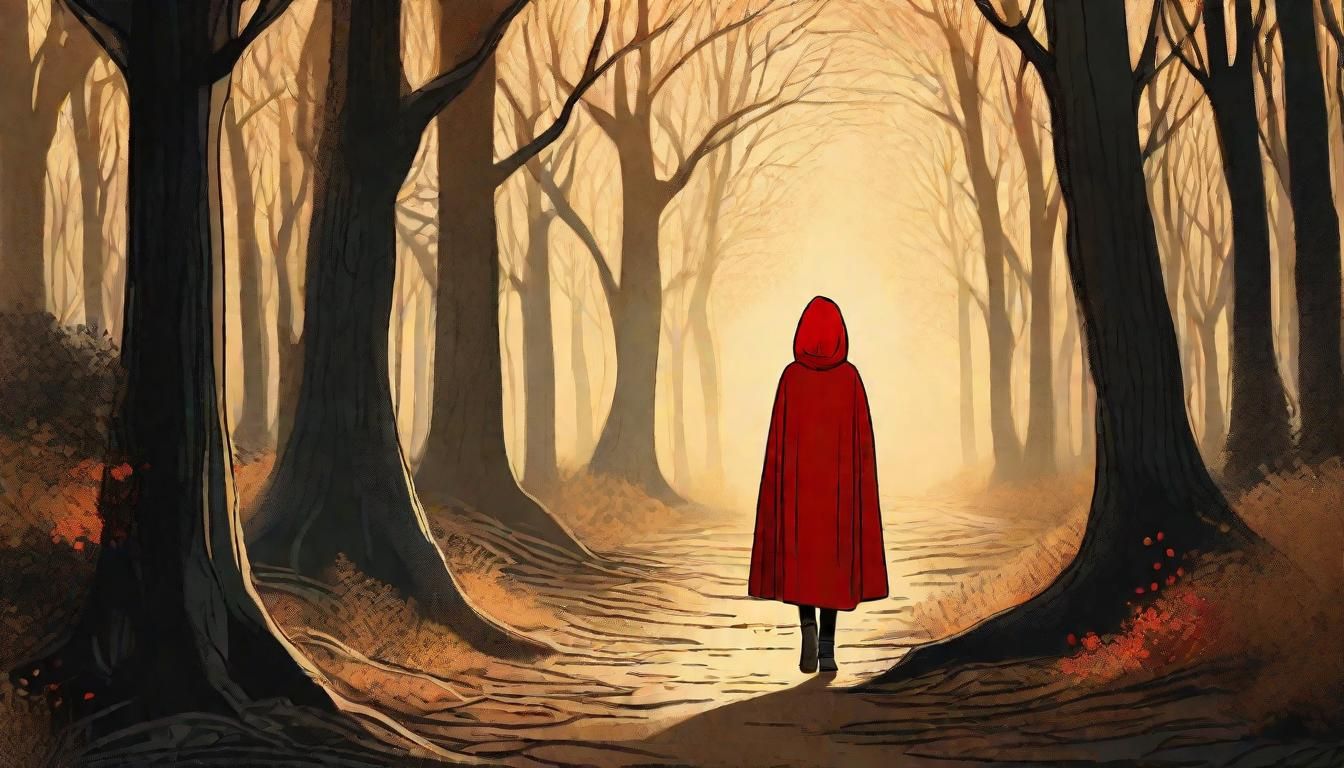 Girl in Red Cloak in Dark Forest Illustration