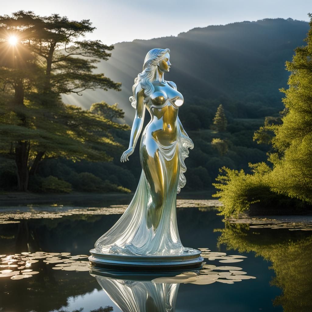 Glass Woman Statue in Pond at Sunrise