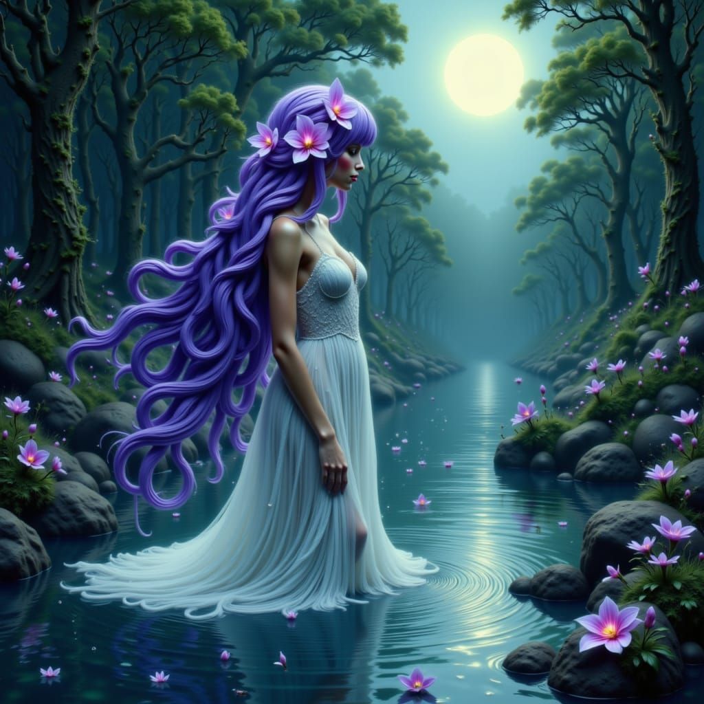 Forest Nymph with Amethyst Hair in Enchanted Forest