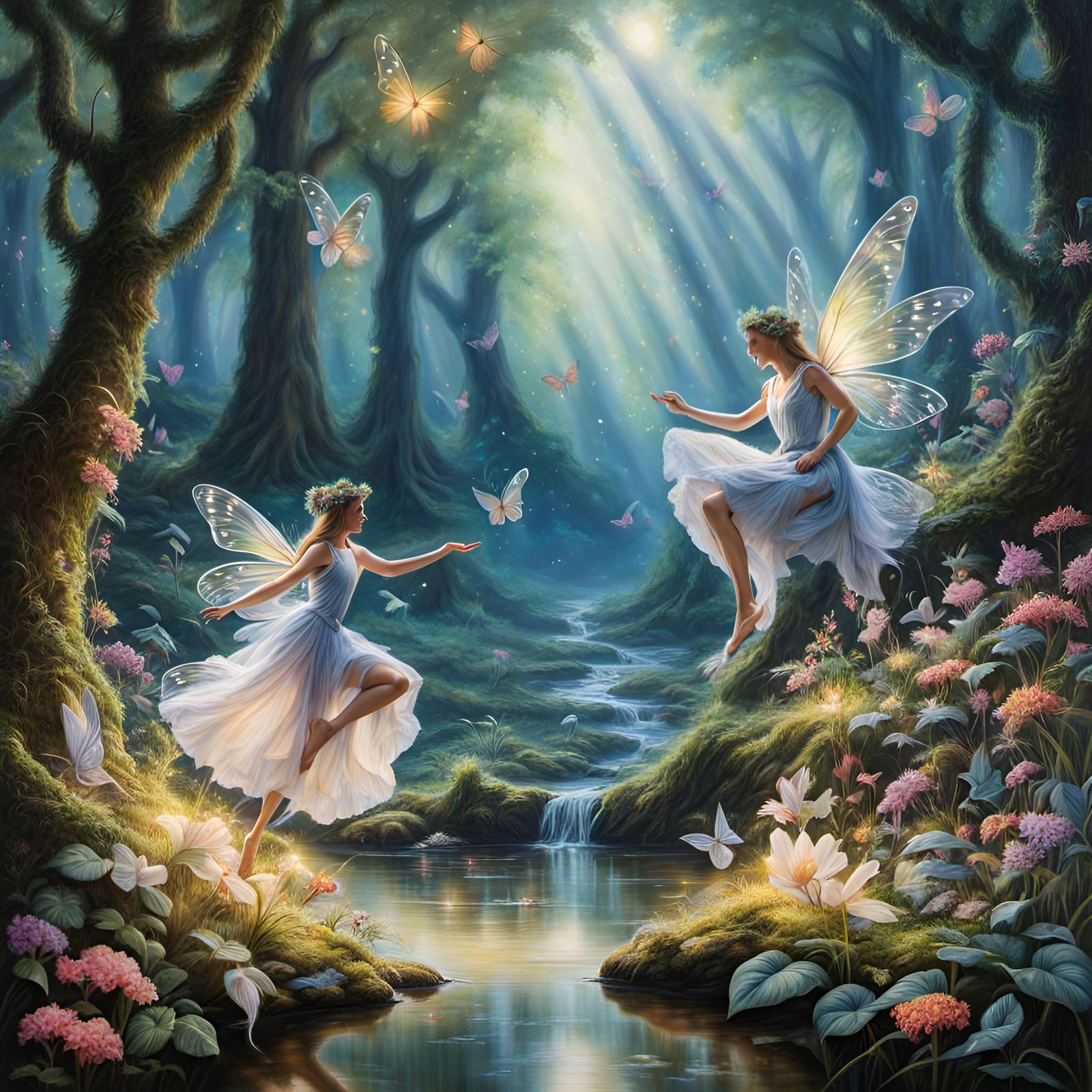 Barefoot Fairies in enchanted forest, hyperdetailed, hyperdetailed, hyperrealistic