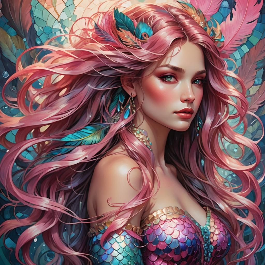 Peacock Mermaid Portrait in Art Nouveau Style