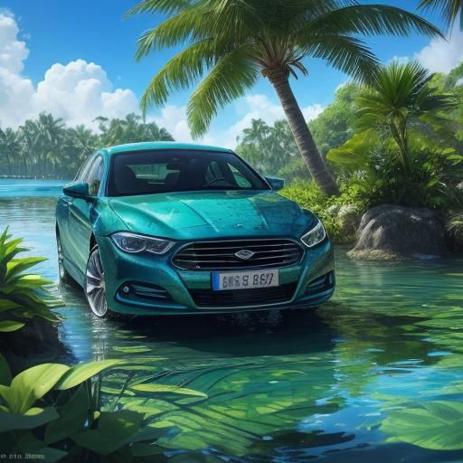 Car Crash: Submerged Vehicle in Hyperrealistic Splash Art