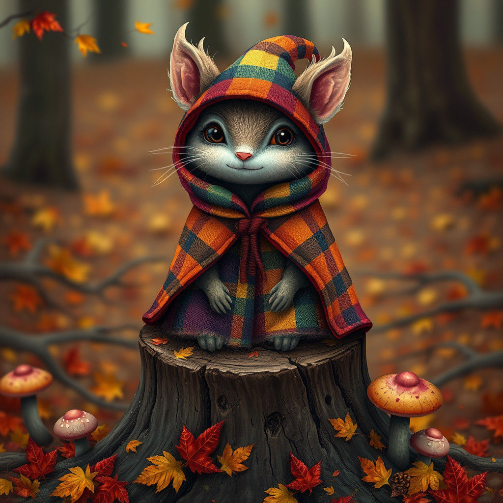 Whimsical Woodland Creature in Plaid Cloak, Fantastical Real...