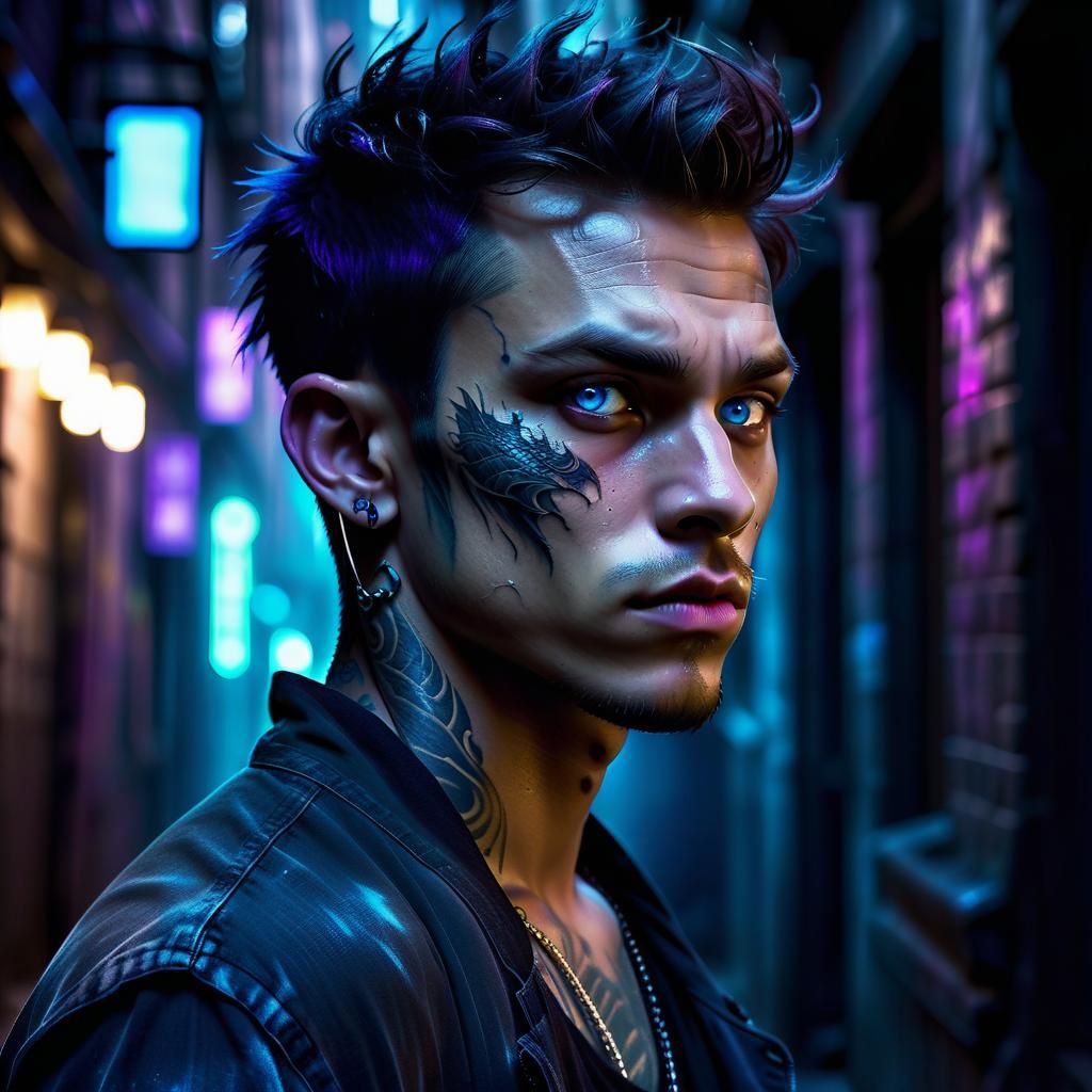 Intense Boy with Dragon Tattoo in Cyberpunk Style