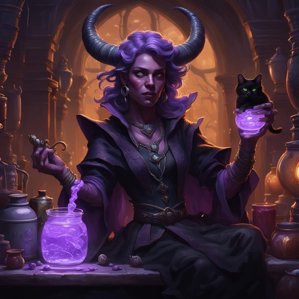Tiefling Witch Brewing Potions: Dark Fantasy Art