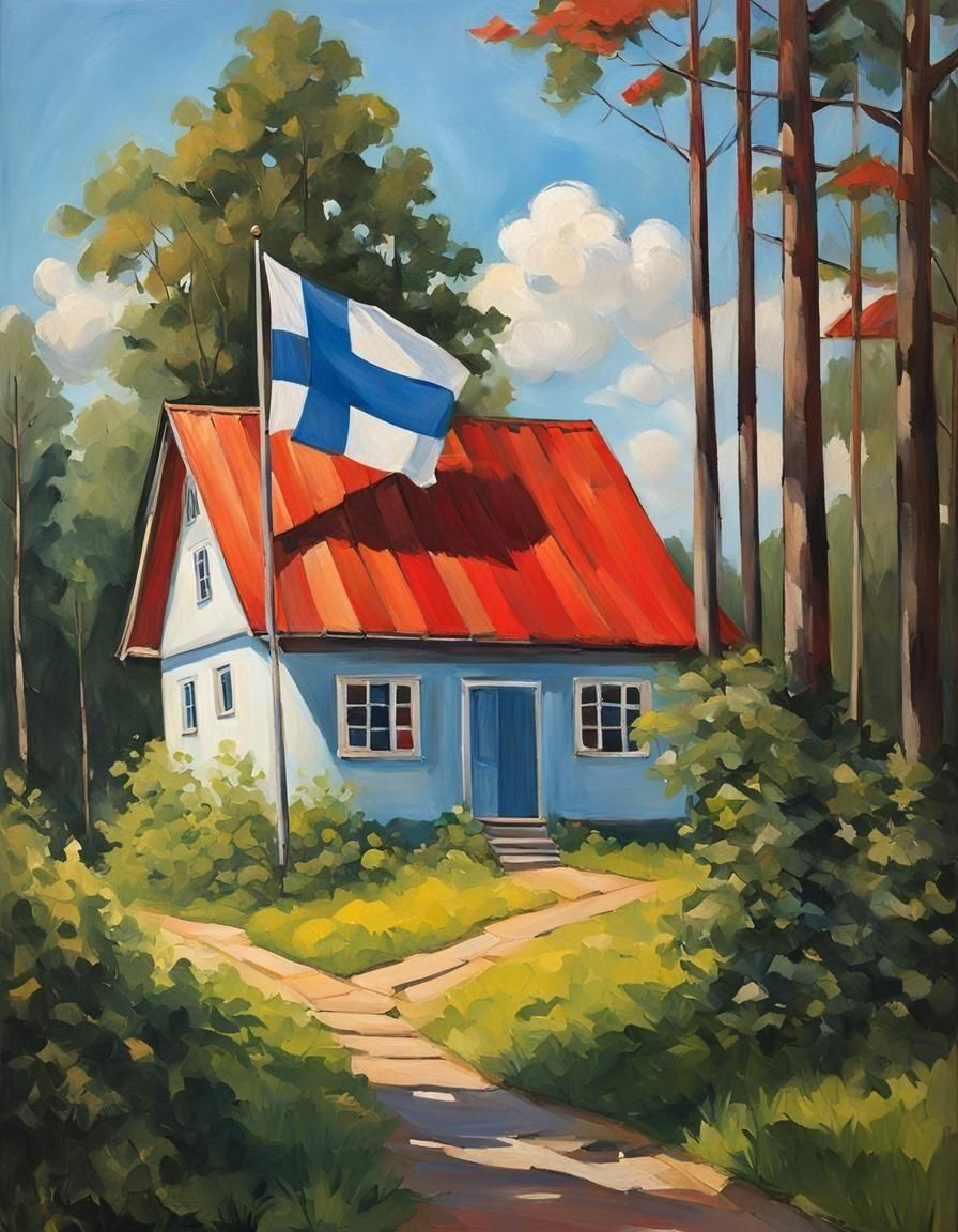 Finnish Flag Waving in an Oil Painting