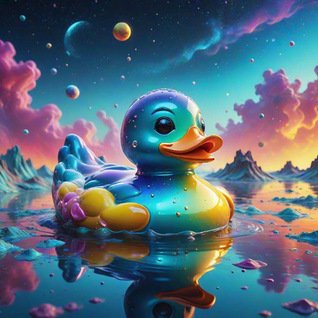 Surreal Oil Painting of a Floating Rubber Duck in Astral Wat...