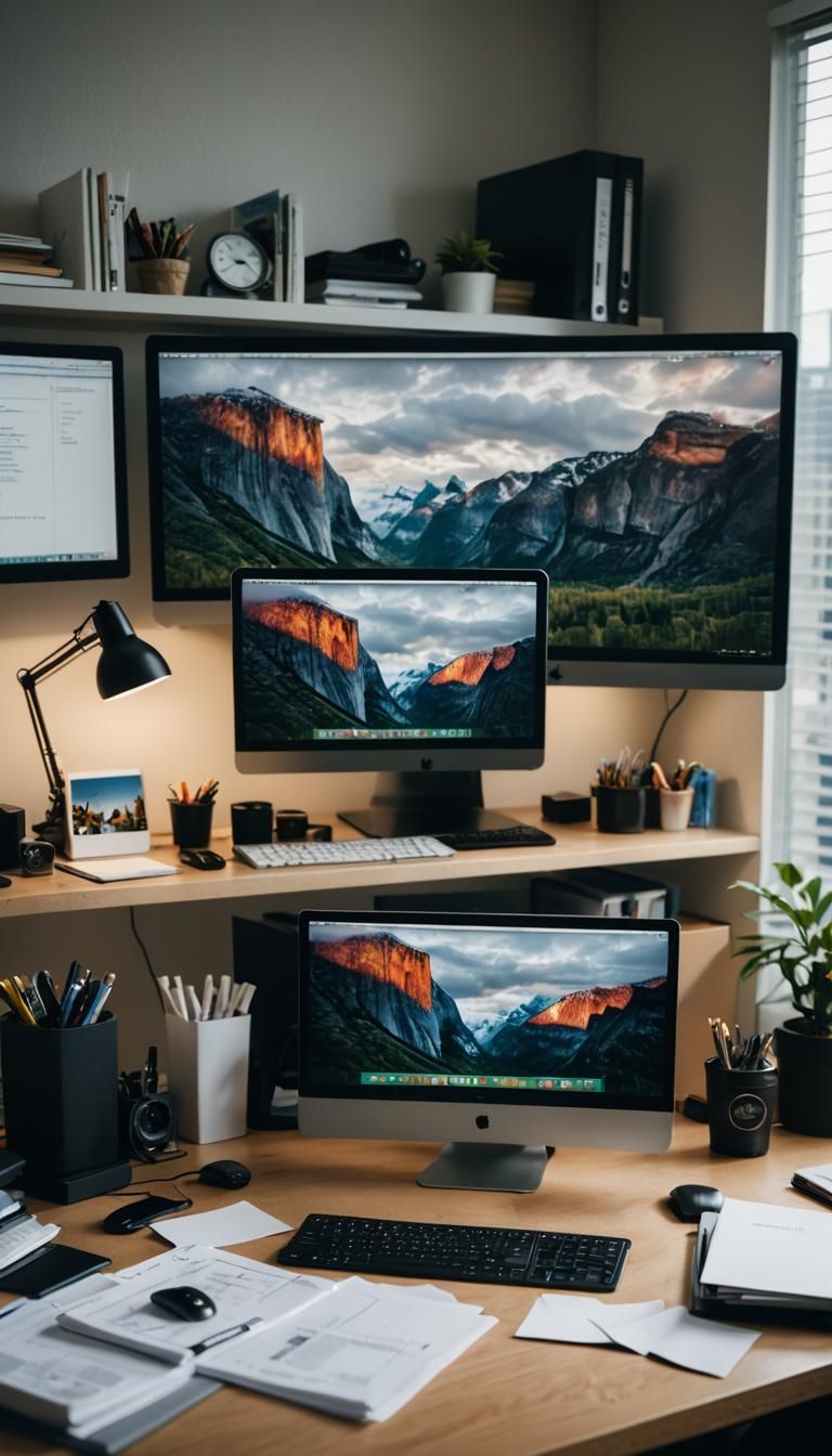 Computer Monitors sitting on a desk in a well-lit office.