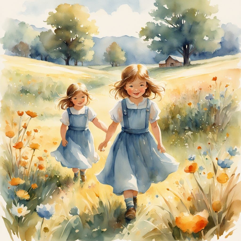 Whimsical Children's Watercolor Art in Sunny Meadow