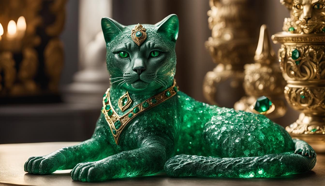 Emerald Cat Crystalline Sculpture in Palace, Fantasy Art