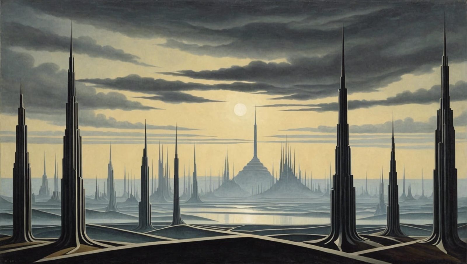 Misty Surrealist Landscape Inspired by Kay Sage