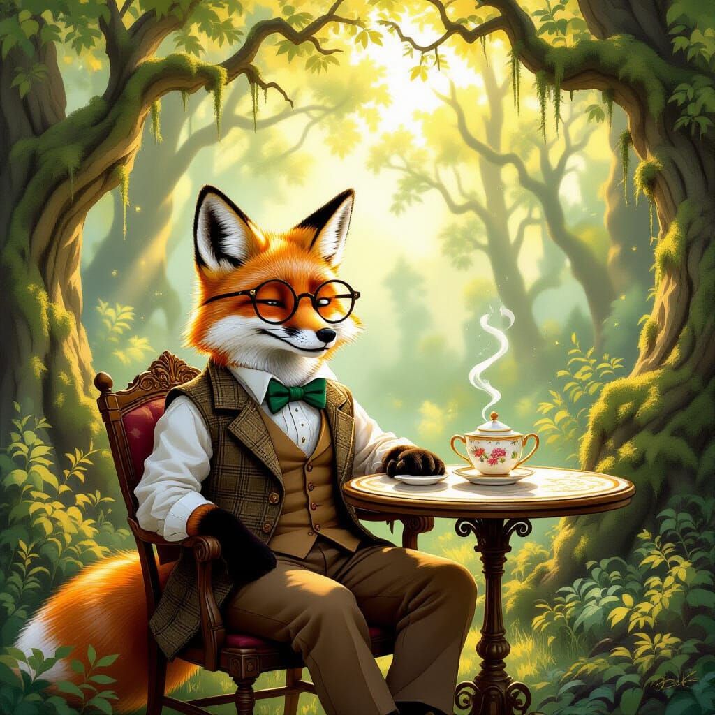 Fox Enjoys Tea in Enchanted Forest, Illustrative Style