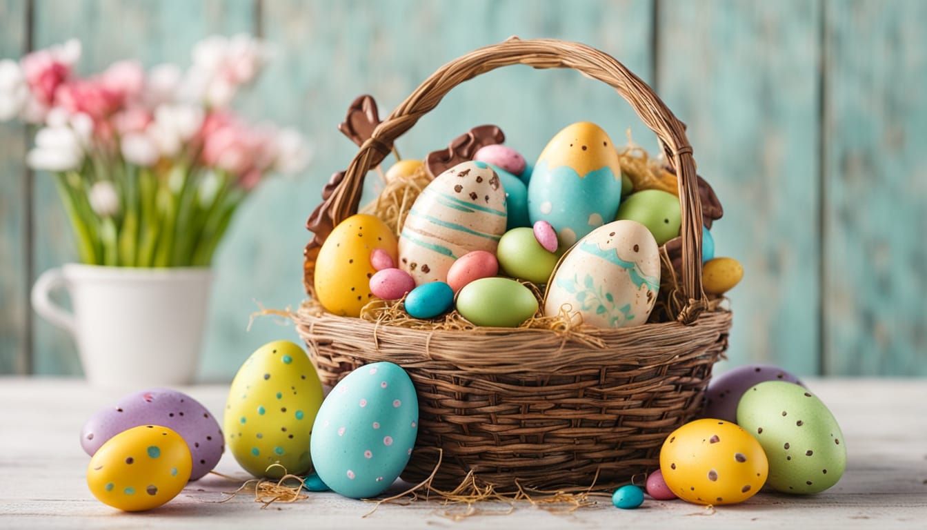 Vibrant Easter Basket Filled with Colorful Eggs and Chocolat...