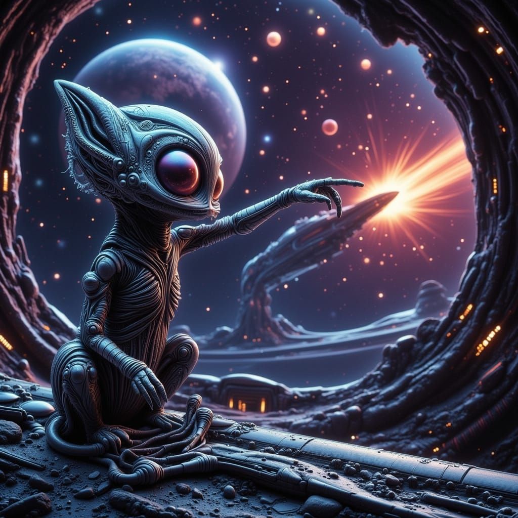 Alien Cat Watches Rocket in Biopunk Space