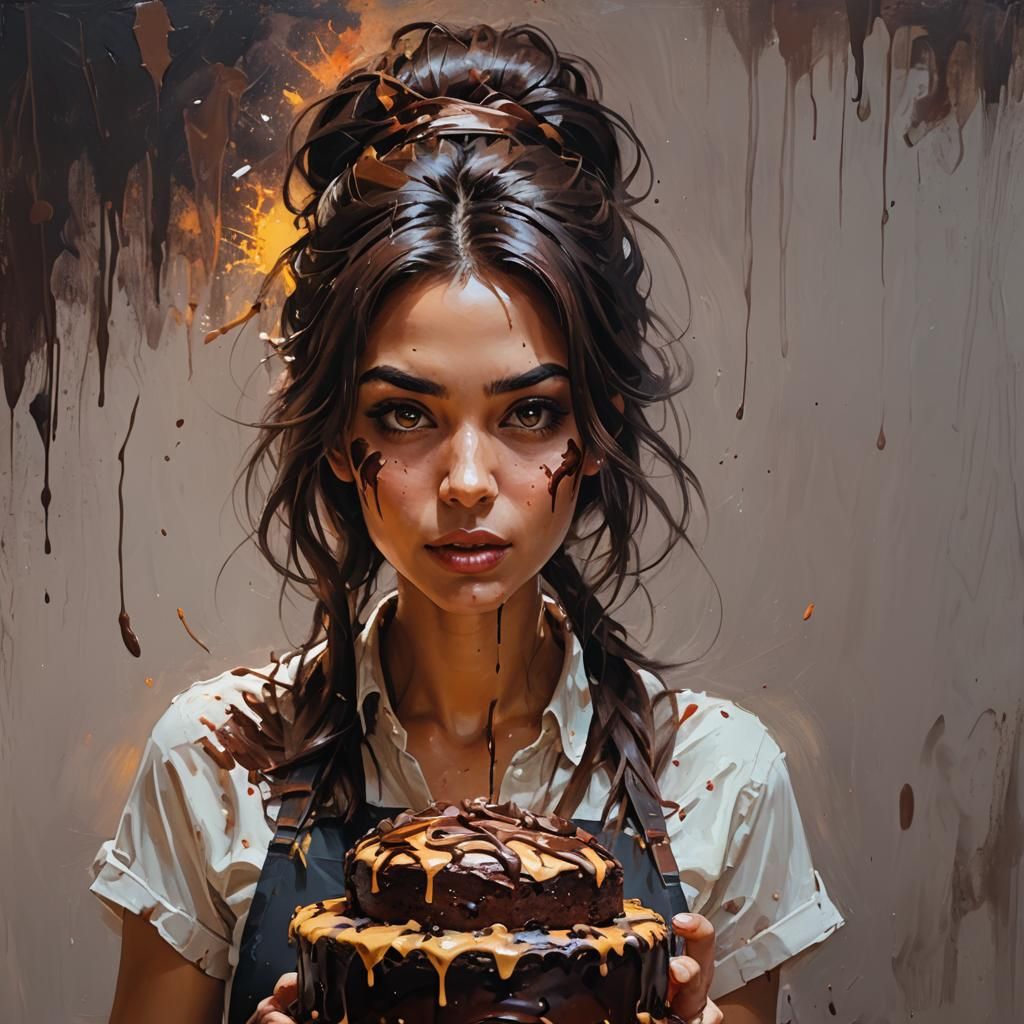 Girl Eating Chocolate Cake in Vibrant Oil Painting Style