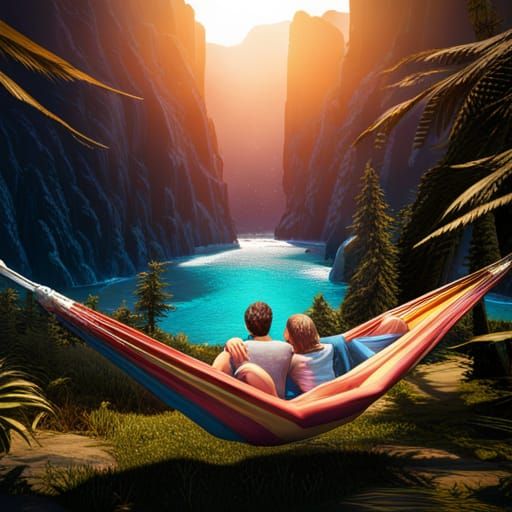 Couple in Hammock Beside Blue Van: Fantasy Art