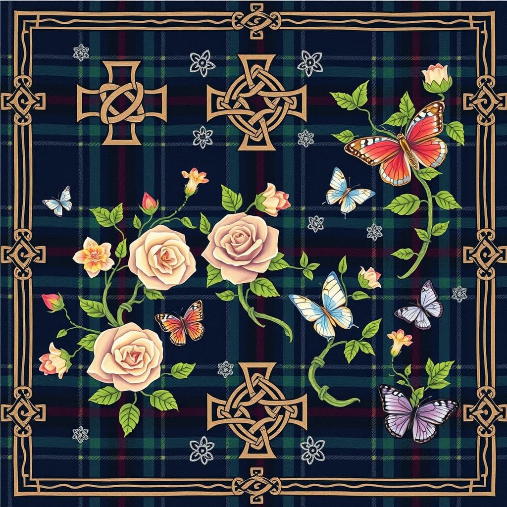 Celtic-Inspired Fabric Tile with Ornate Crosses and Paisley ...