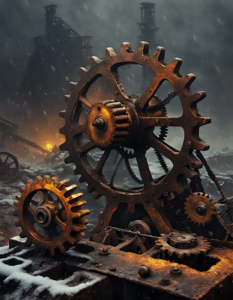 Surreal Broken Gear Landscape as Oil Painting