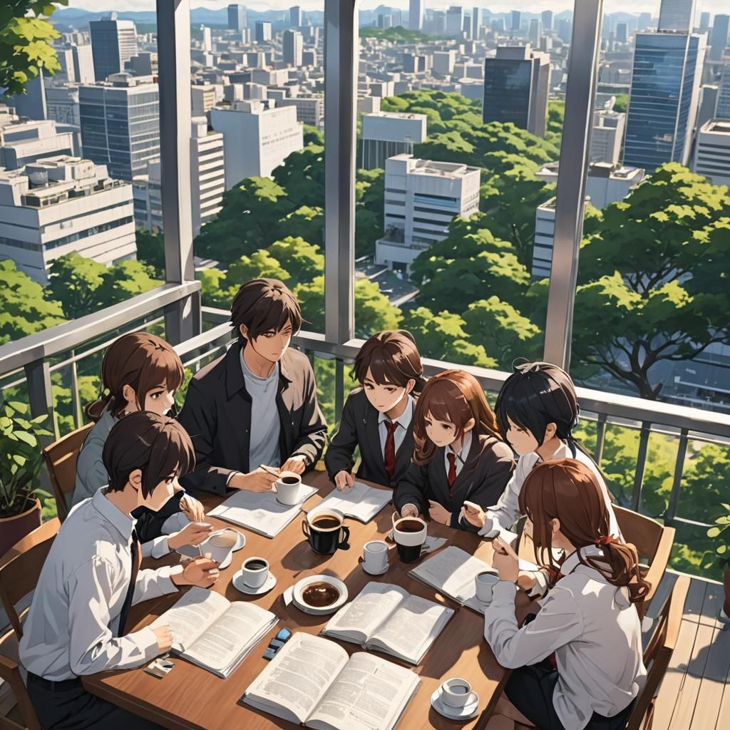 Anime-Style Group Study Session with City View