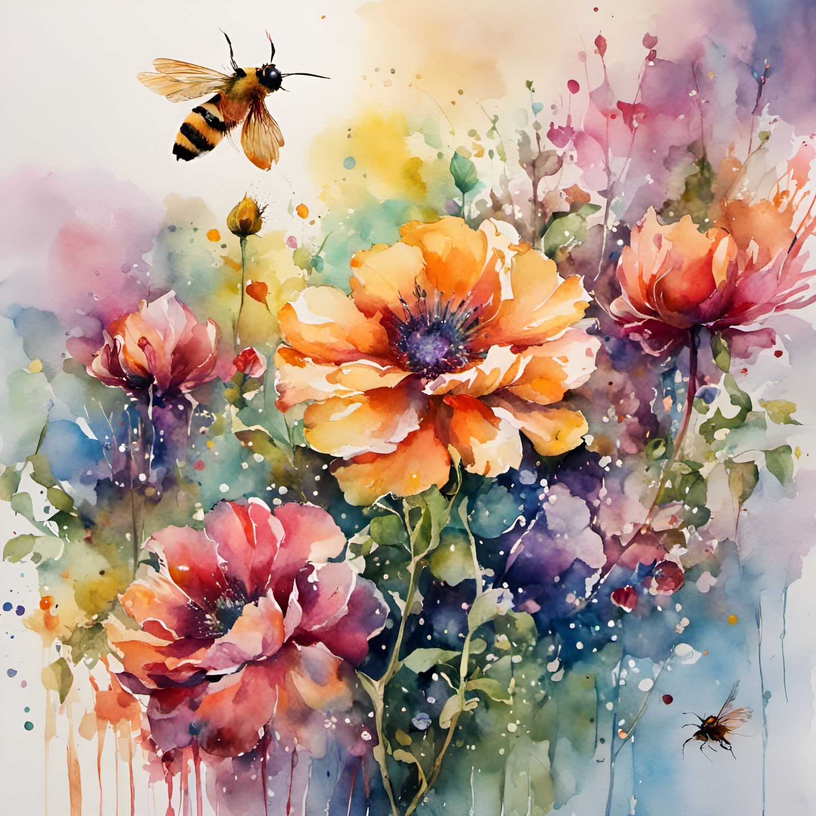 Watercolor Tapestry of Flowers, Bees, and Diamonds