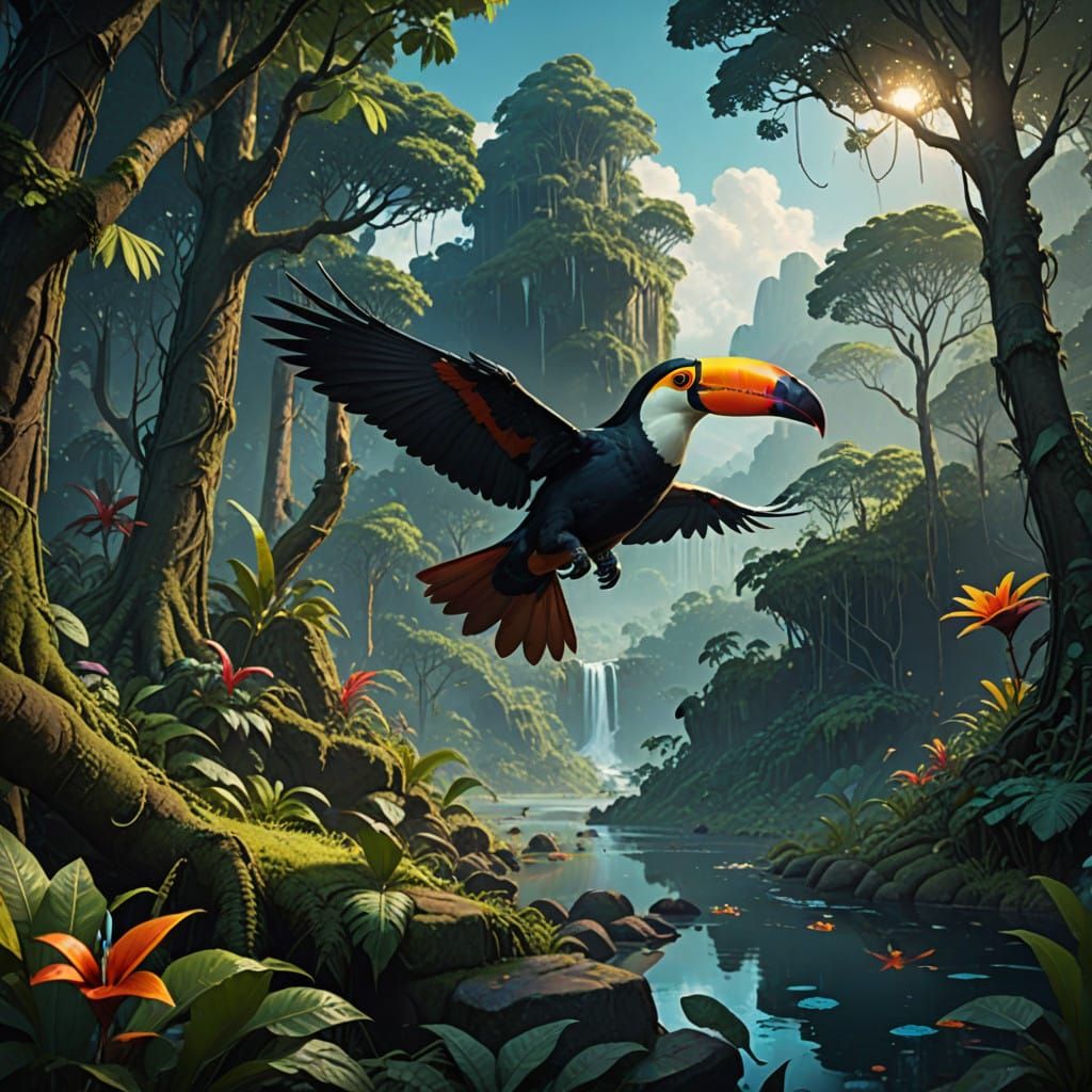 Surreal Amazonian Paradise in Vivid, High-Fantasy Style