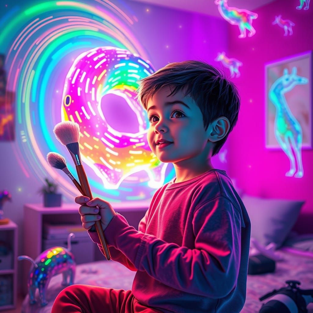 Little Boy Creates Holographic Animals in Vibrant, Neon-Lit...