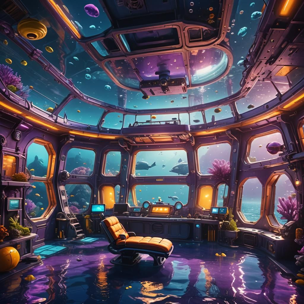 Futuristic Underwater House with Submarine, Sci-Fi Art