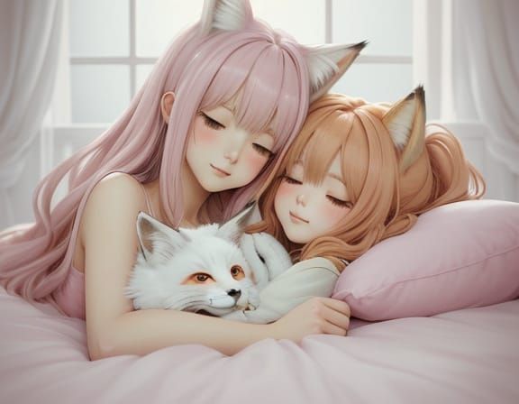 Whimsical Anime Illustration of Fox Girl and Cat Girl in Coz...